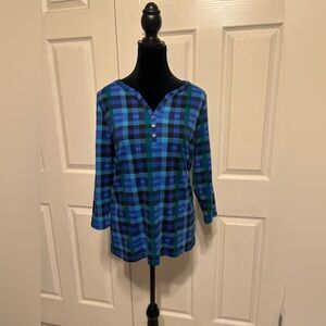 Karen Scott Blue and Black Plaid Henley-Style Women's Top